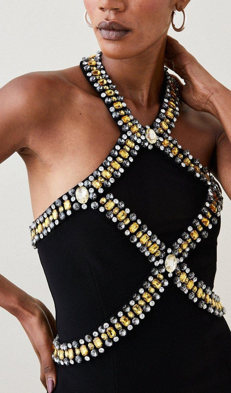 EMBELLISHED HALTER MIDI DRESS IN BLACK DRESS STYLE OF CB 