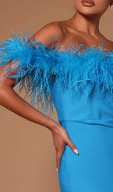 FEATHER TRIM OFF THE SHOULDER HIGH LOW DRESS IN BLUE DRESS sis label 