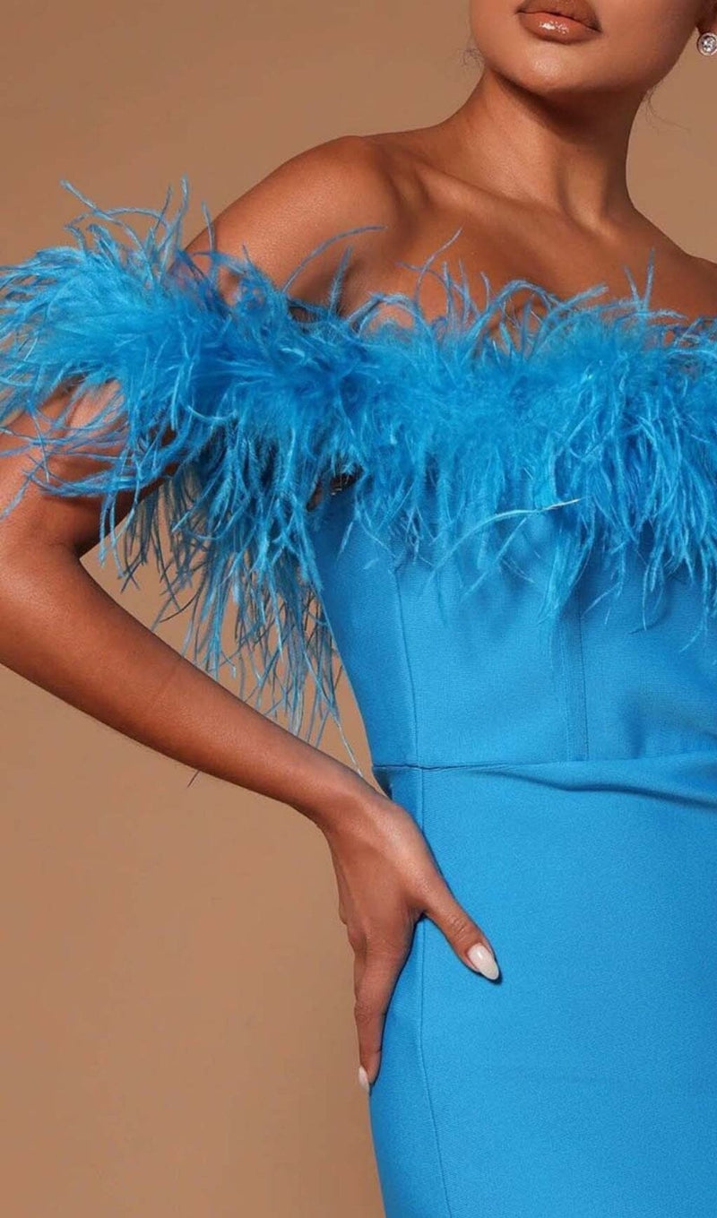 FEATHER TRIM OFF THE SHOULDER HIGH LOW DRESS IN BLUE DRESS sis label 