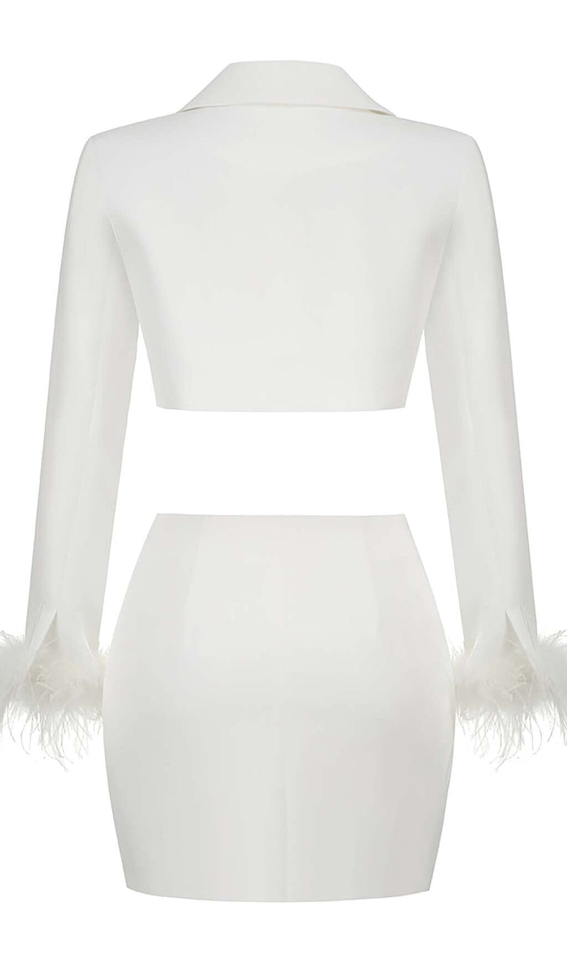 FEATHERS JACKET AND SHORT SKIRT IN WHITE DRESS STYLE OF CB 
