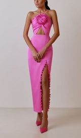 FLORAL EMBELLISHED SLIT MIDI DRESS IN PINK DRESS STYLE OF CB 