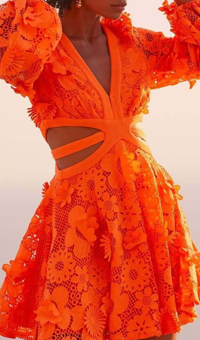 FLORAL TEXTURES CUTOUT MINI DRESS IN NEON ORANGE DRESS STYLE OF CB 