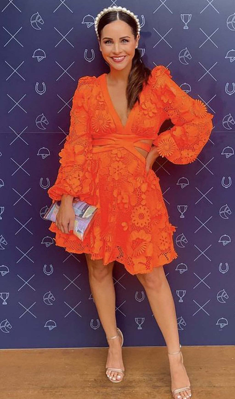 FLORAL TEXTURES CUTOUT MINI DRESS IN NEON ORANGE DRESS STYLE OF CB 