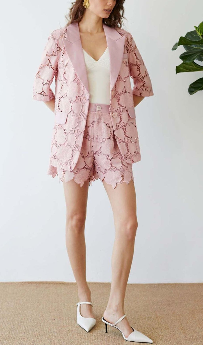 FLORAL CUTWORK JACKET DRESS SET IN PINK DRESS STYLE OF CB 