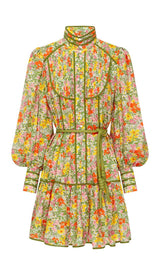 FLORAL PRINT LACE-UP MIDI DRESS IN AUTUMN LEAVES DRESS STYLE OF CB 