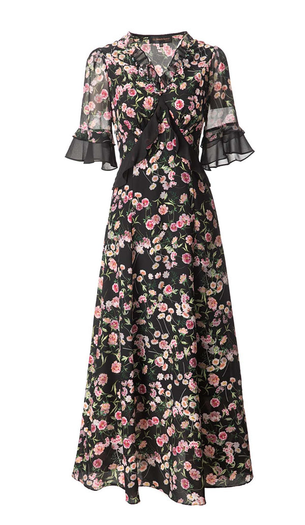 FLORAL PRINT RUFFLE MIDI DRESS IN MULTI-COLOR DRESS STYLE OF CB 