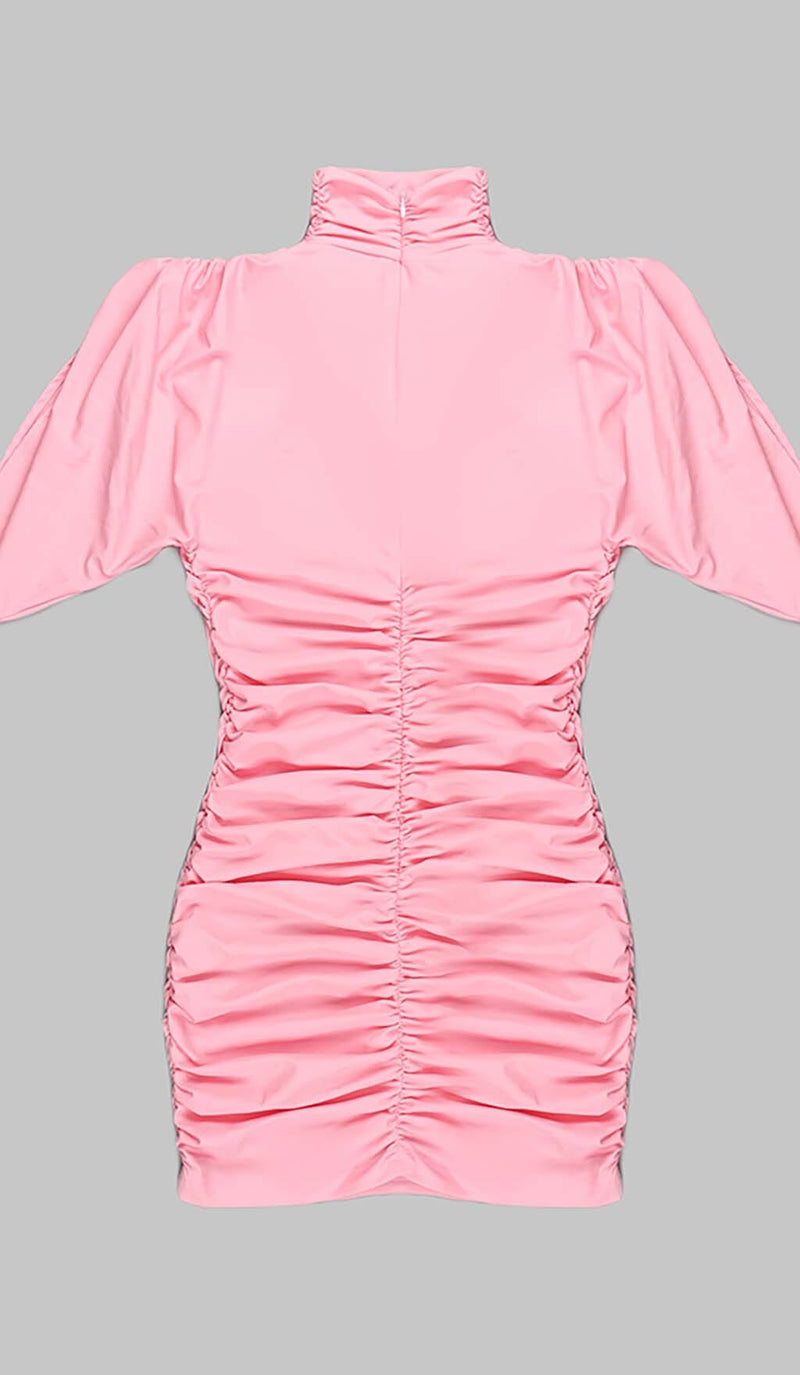FLOWER-EMBELLISHED RUCHED MINI DRESS IN PINK DRESS STYLE OF CB 