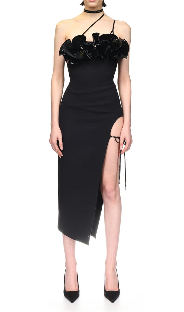 FLOWER SLEEVELESS WOOL CREP MIDI DRESS IN BLACK DRESS STYLE OF CB 