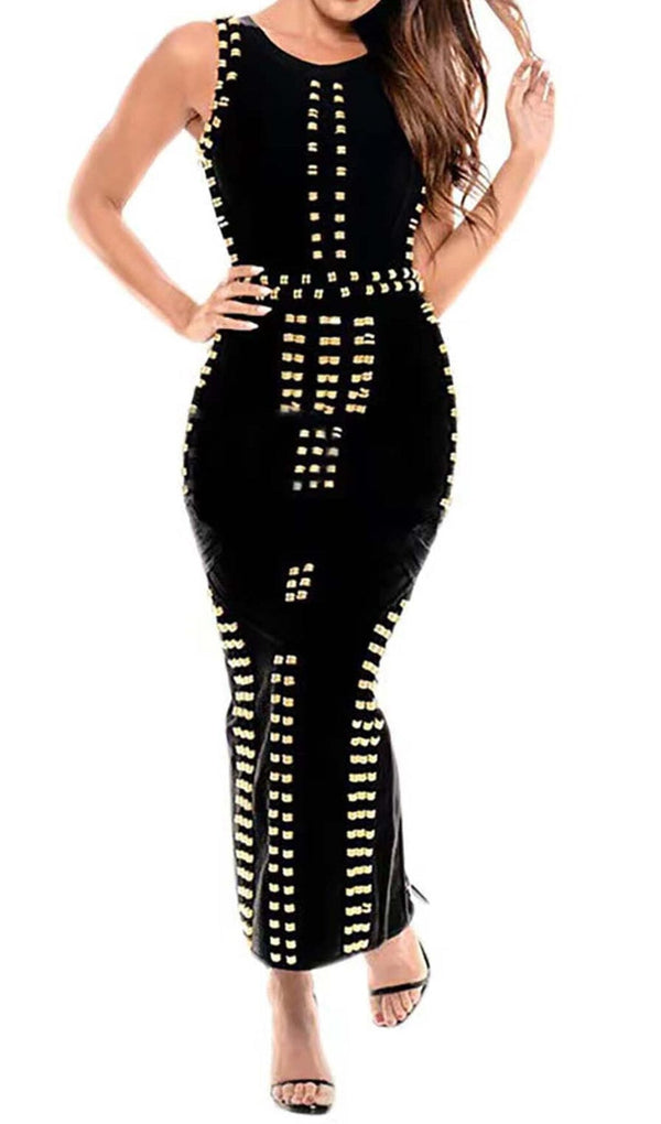 GOLD ACCENT BANDAGE MAXI DRESS DRESS STYLE OF CB 