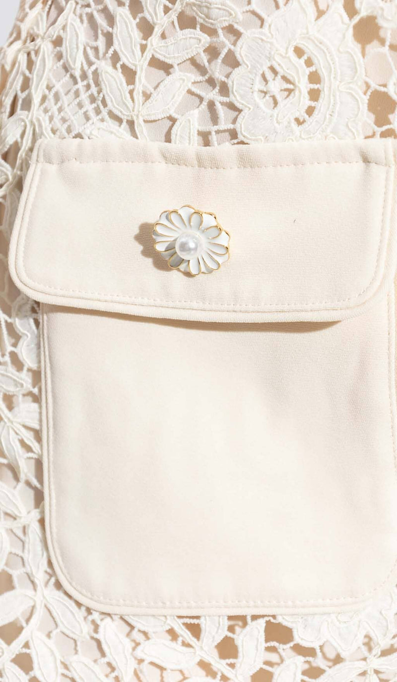 GUIPURE LACE FLAP POCKETS JACKET DRESS IN WHITE DRESS STYLE OF CB 