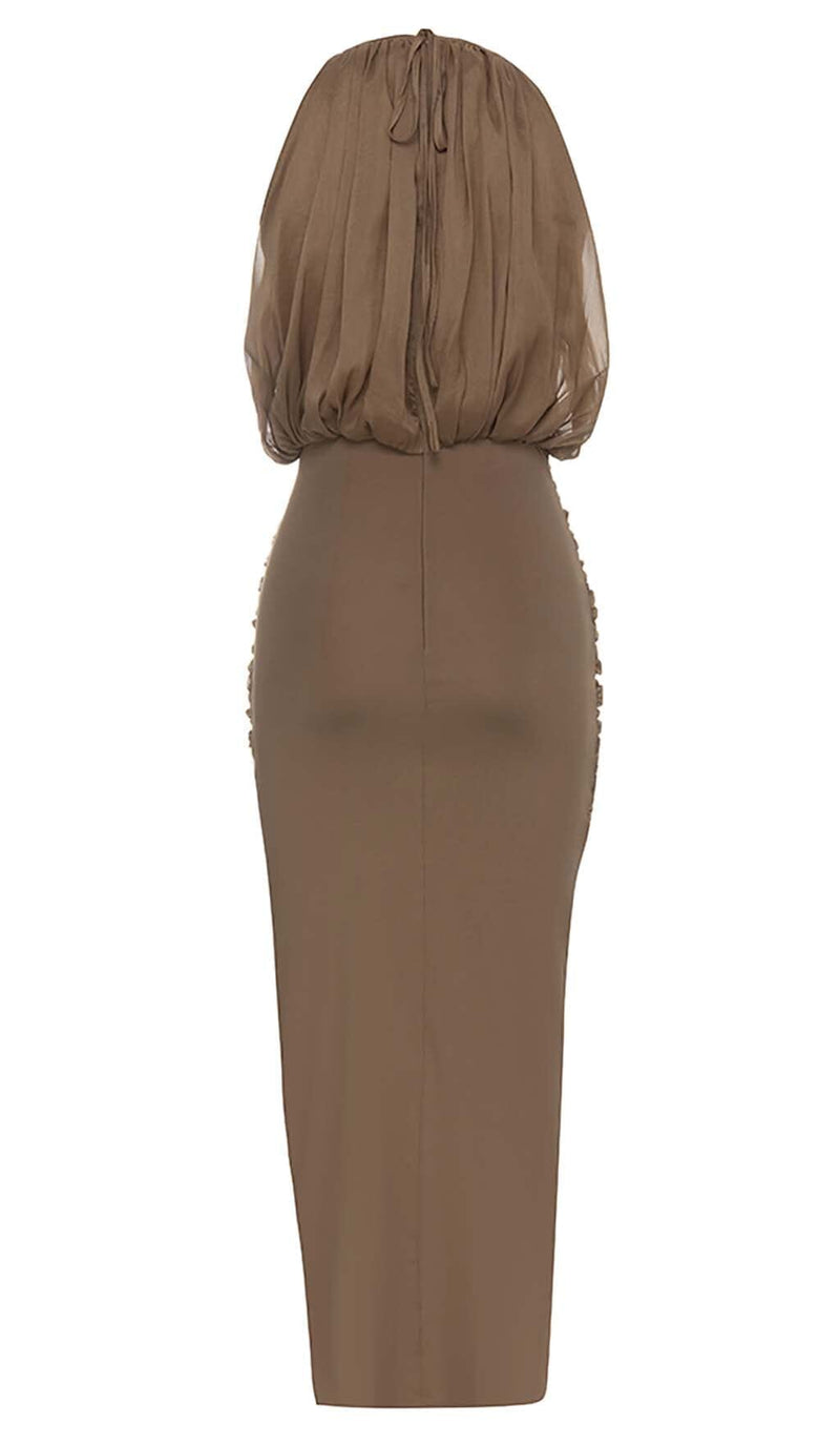 HALTER NECK SATIN DRESS IN BROWN DRESS sis label 