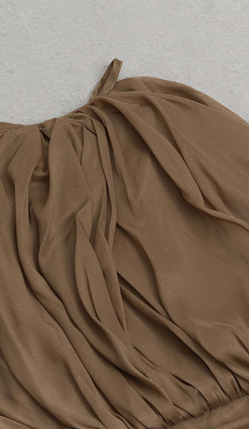 HALTER NECK SATIN DRESS IN BROWN DRESS sis label 