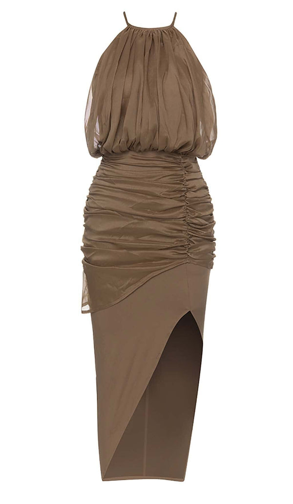HALTER NECK SATIN DRESS IN BROWN DRESS sis label 