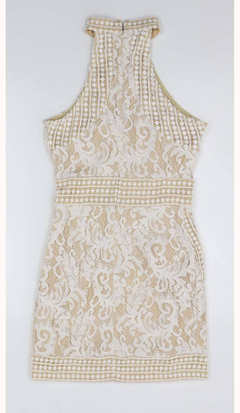 HIGH NECK CROCHET MINI DRESS IN BEIGE DRESS styleofcbdress 