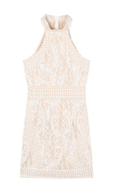 HIGH NECK CROCHET MINI DRESS IN BEIGE DRESS styleofcbdress 