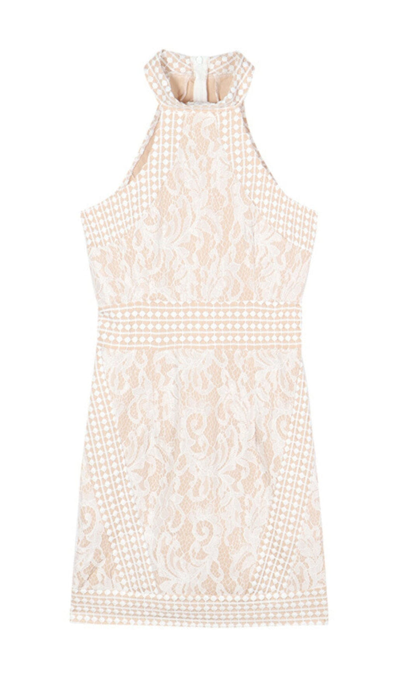 HIGH NECK CROCHET MINI DRESS IN BEIGE DRESS styleofcbdress 