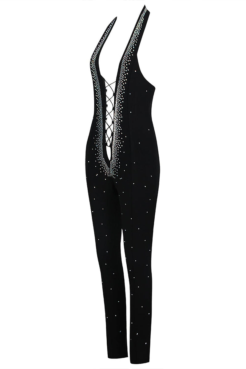 HALTER NECK CRYSTAL BACKLESS JUMPSUITS BODYSUITS & JUMPSUITS styleofcb 
