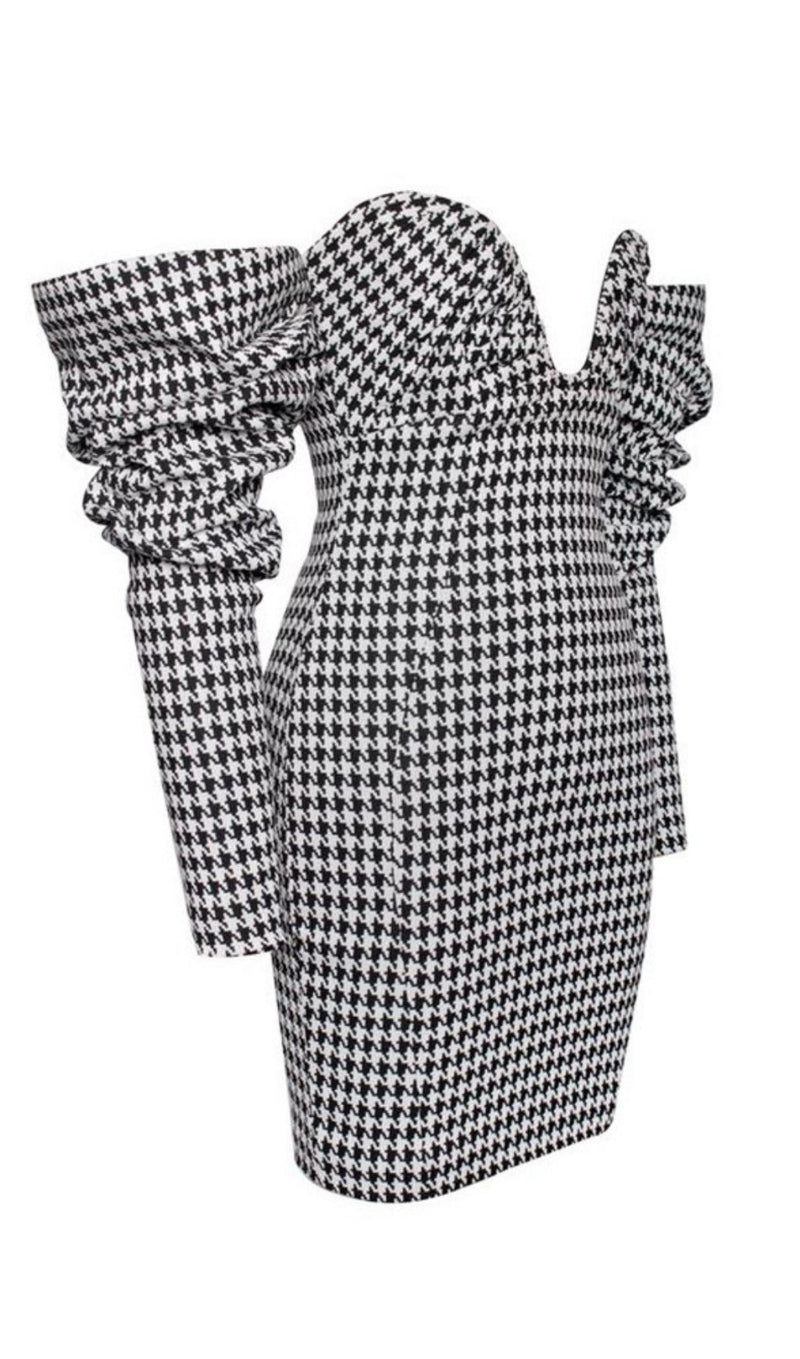 Houndstooth word shoulder wrap dress.
