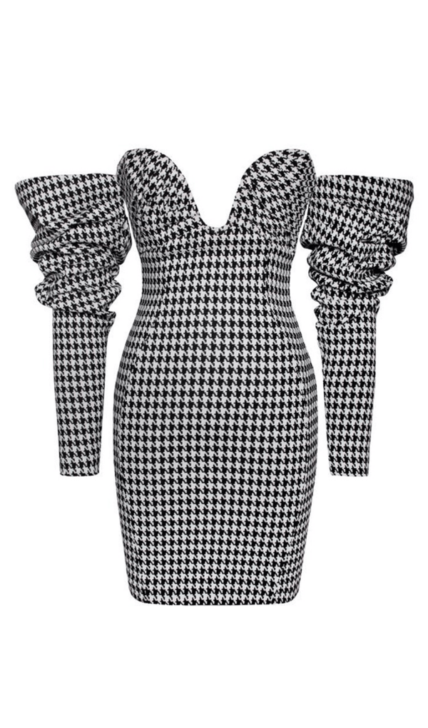 Houndstooth word shoulder wrap dress. ohmogo 
