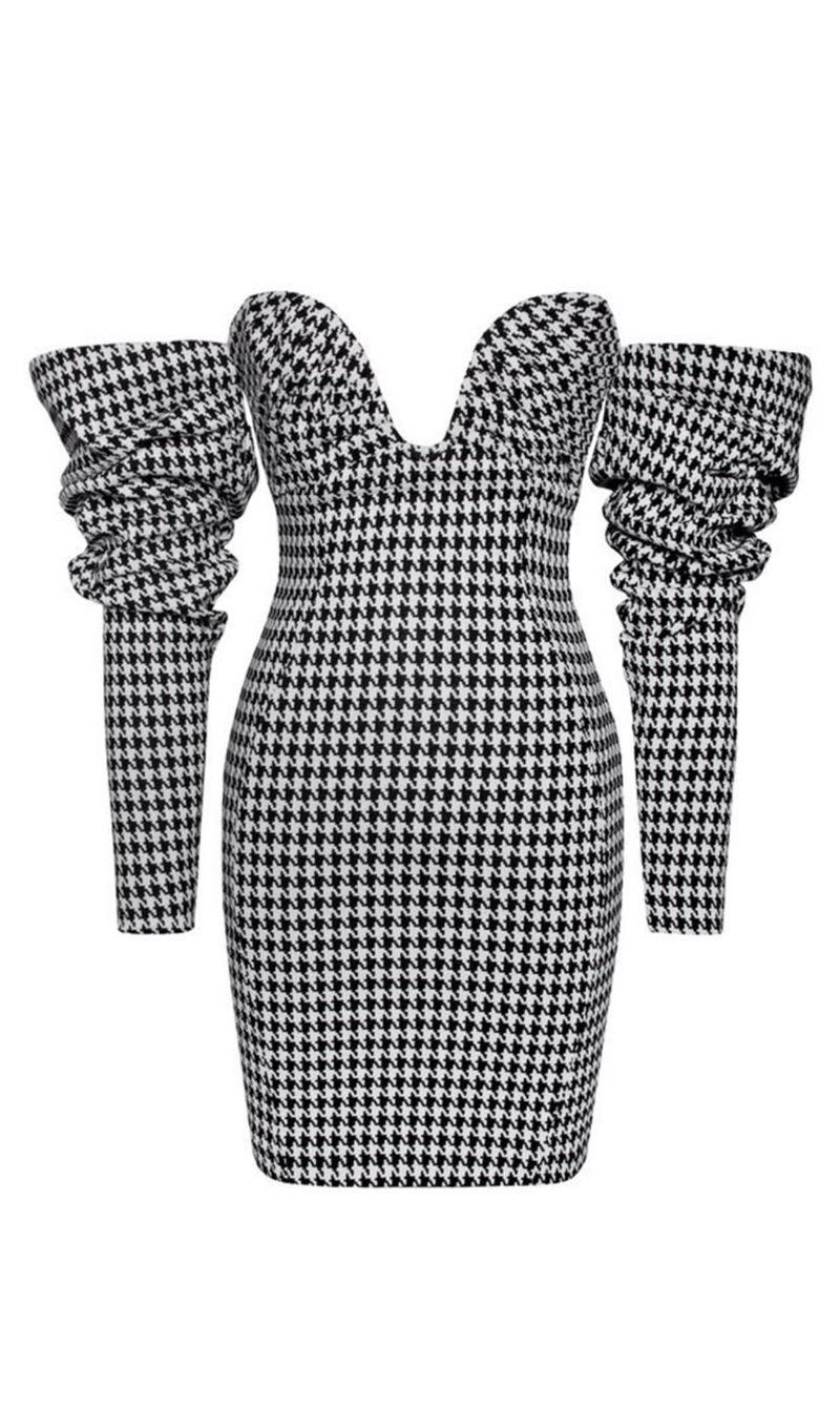 Houndstooth word shoulder wrap dress. ohmogo 