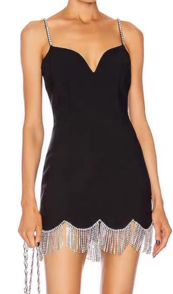 WAVY FRINGED SUSPENDER DRESS IN BLACK styleofcb 