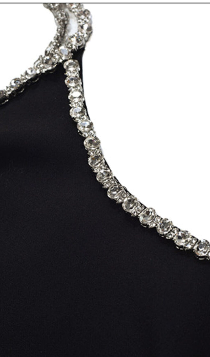 DIAMOND-TRIMMED SUSPENDER MINI DRESS IN BLACK styleofcb 