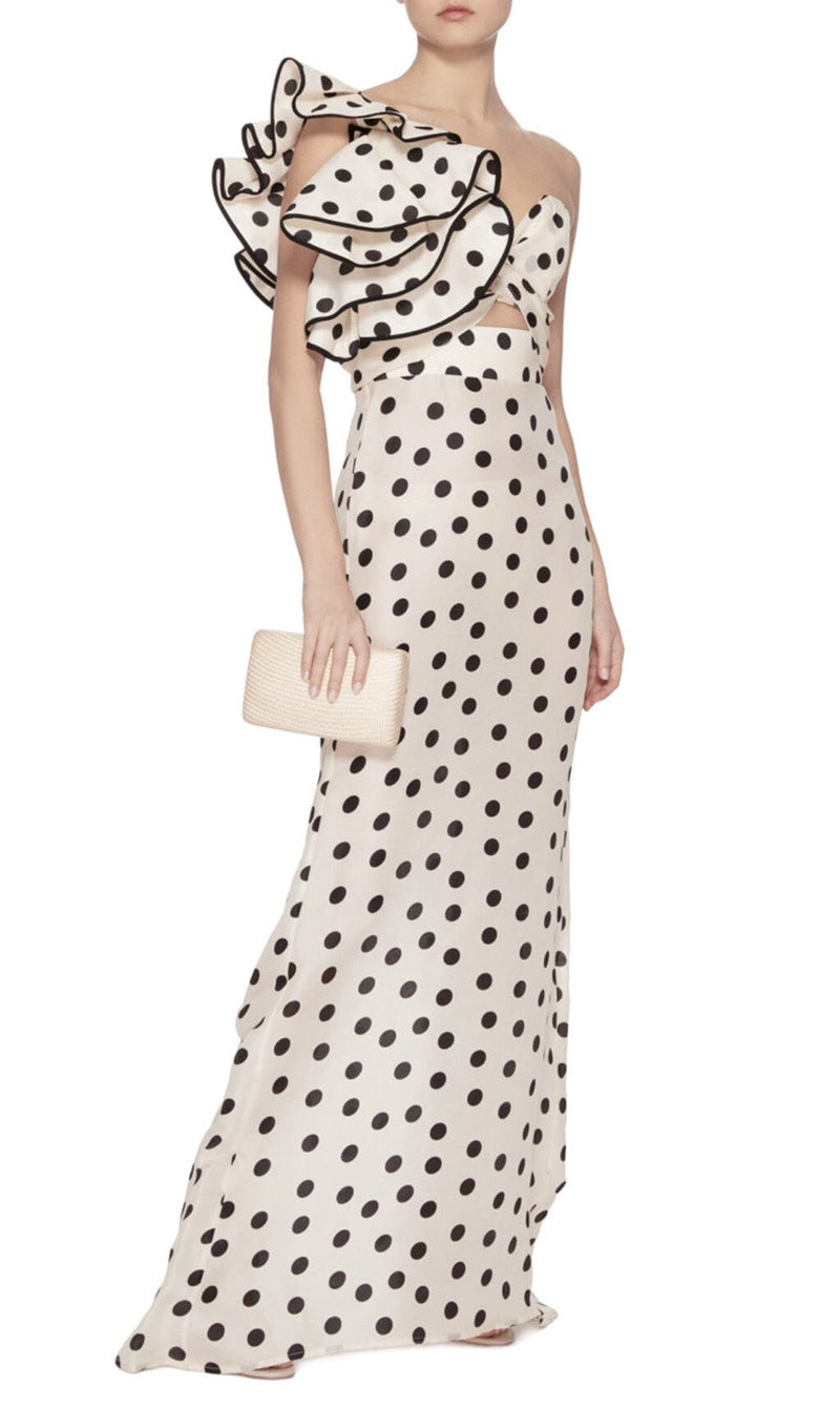 CROSS-SHOULDER FISHTAIL DRESS IN POLKA DOT styleofcb 