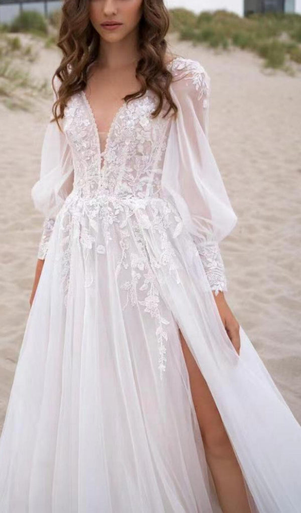 HIGH SPLIT LONG-SLEEVED WEDDING DRESS IN WHITE styleofcb 