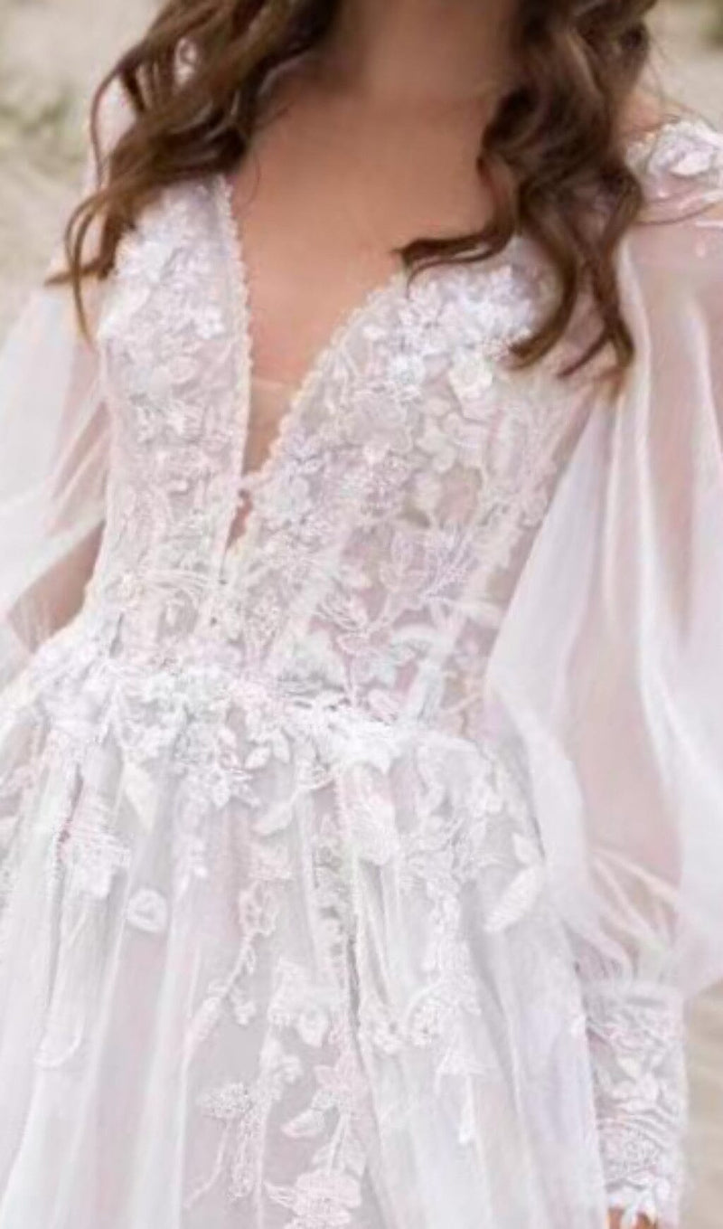 HIGH SPLIT LONG-SLEEVED WEDDING DRESS IN WHITE styleofcb 
