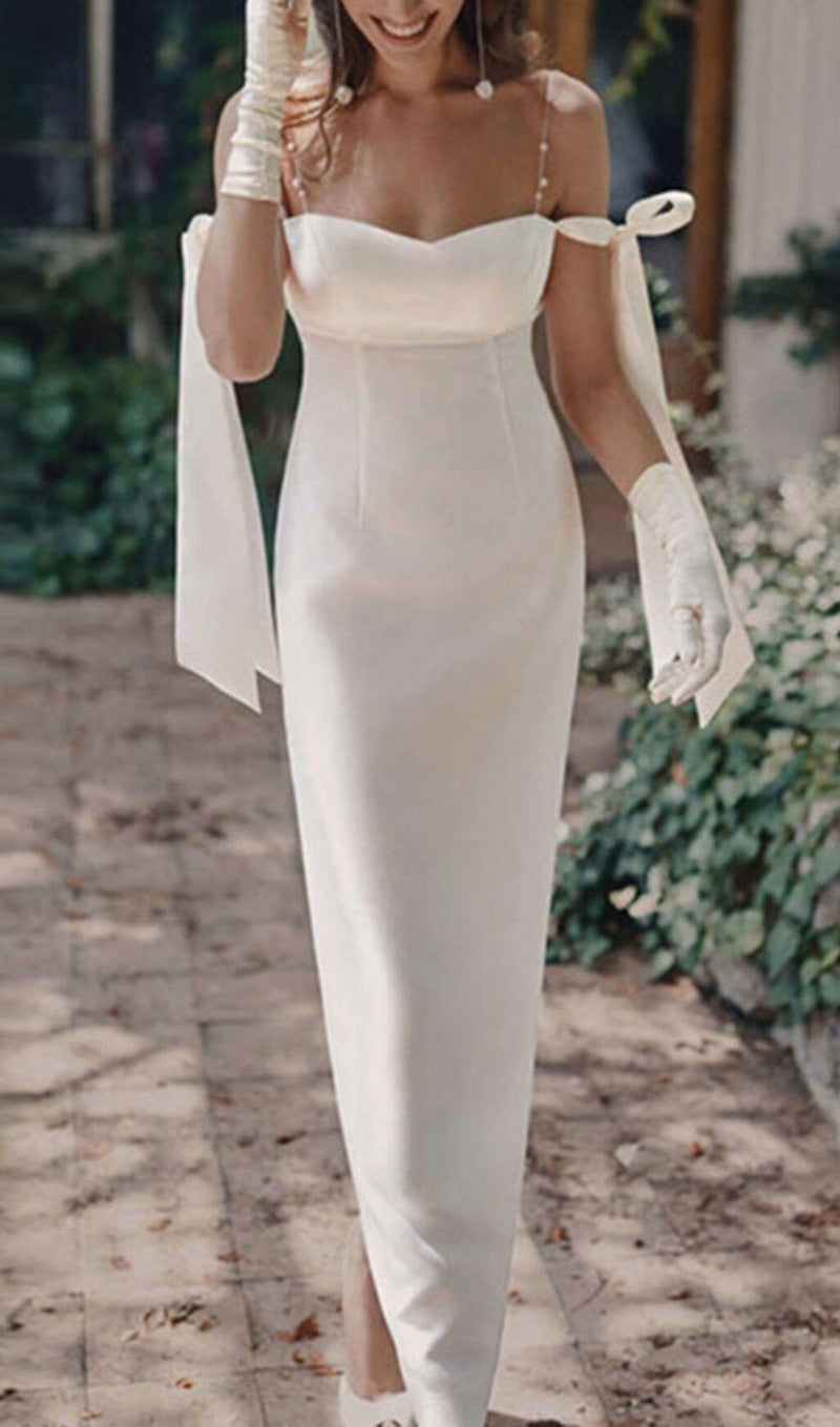 SATIN PEARL SUSPENDER MAXI DRESS IN WHITE styleofcb 