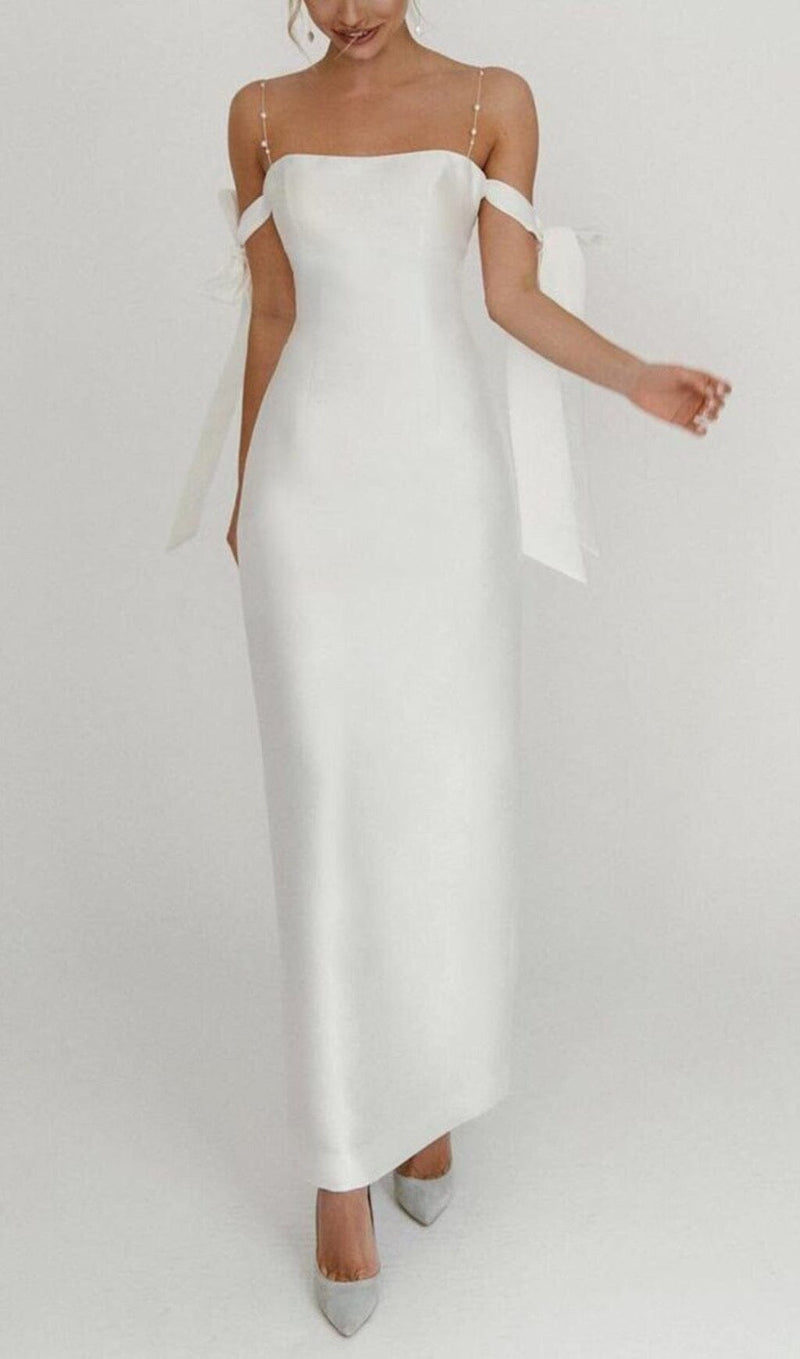 SATIN PEARL SUSPENDER MAXI DRESS IN WHITE styleofcb 
