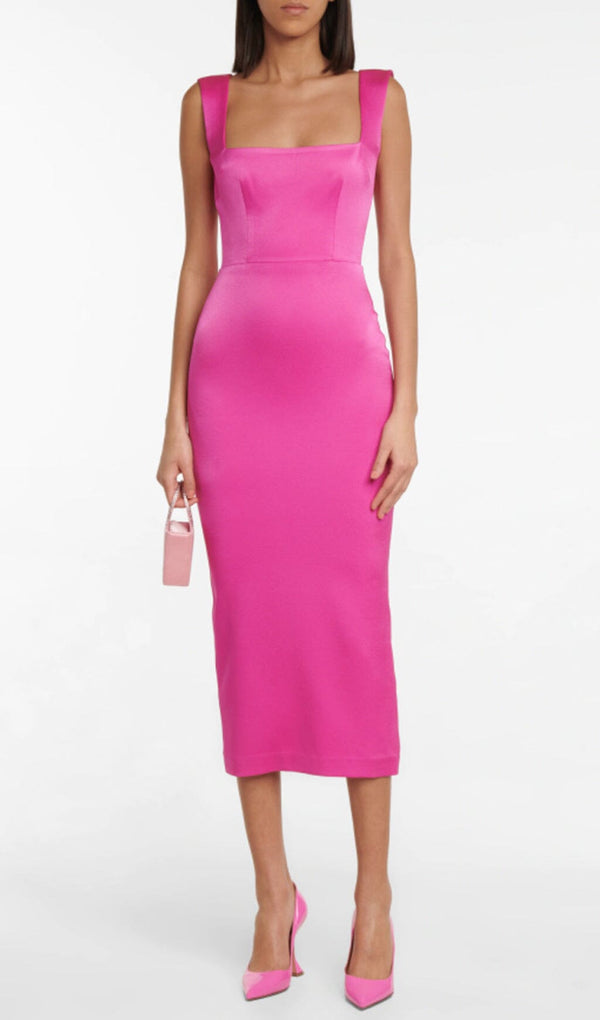SQUARE-NECK SATIN MIDI DRESS IN ROSE RED styleofcb 