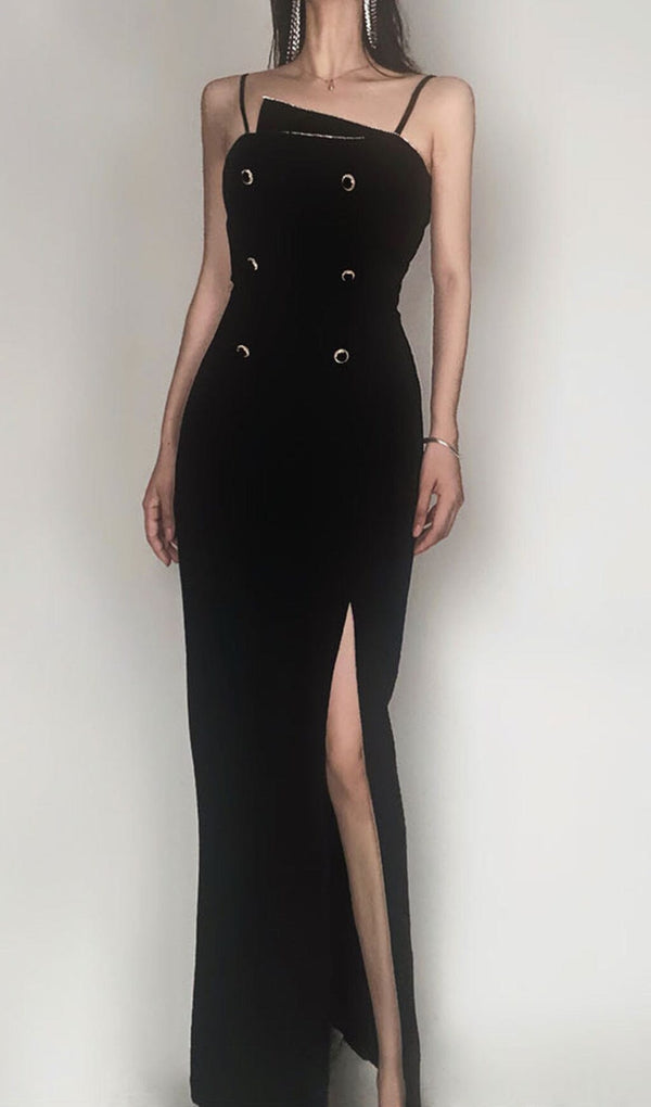 DOUBLE-BREASTED SUSPENDER DRESS IN BLACK styleofcb 