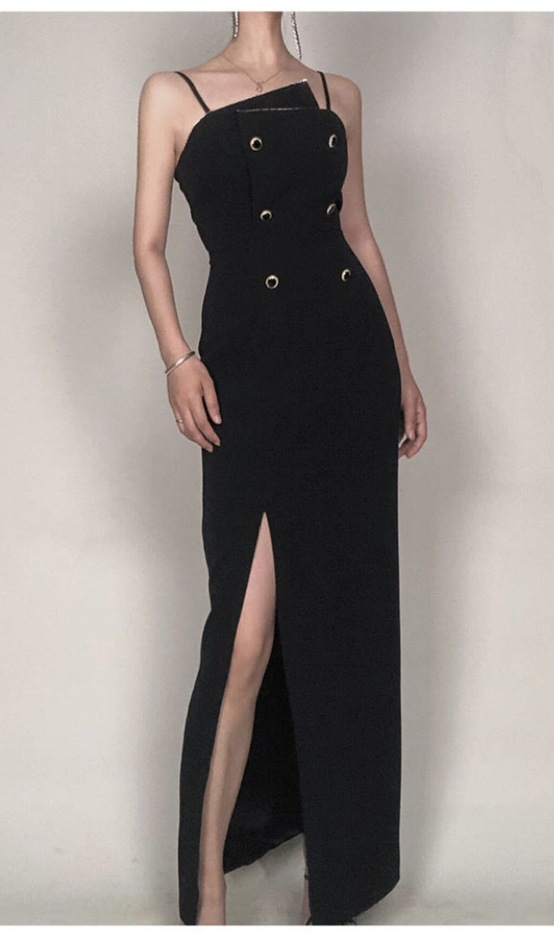 DOUBLE-BREASTED SUSPENDER DRESS IN BLACK styleofcb 