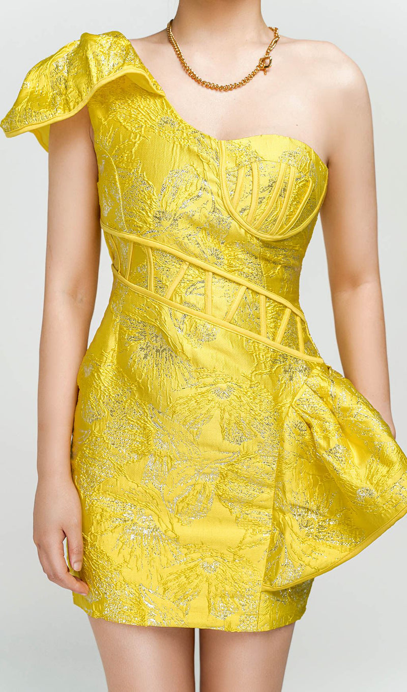 JACQUARD ONE SHOULDER MINI DRESS IN YELLOW Dresses styleofcb 
