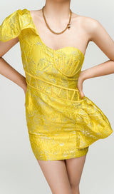 JACQUARD ONE SHOULDER MINI DRESS IN YELLOW Dresses styleofcb 