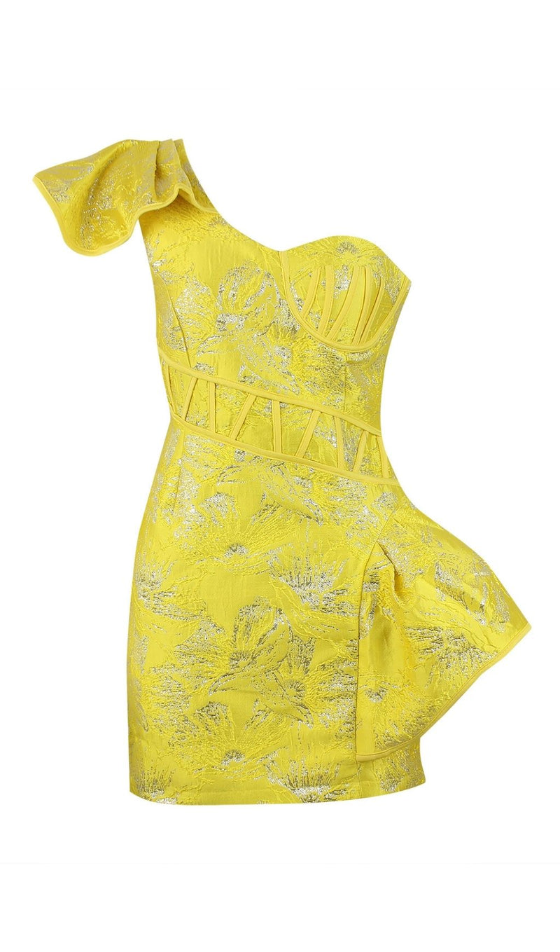JACQUARD ONE SHOULDER MINI DRESS IN YELLOW Dresses styleofcb XS YELLOW 