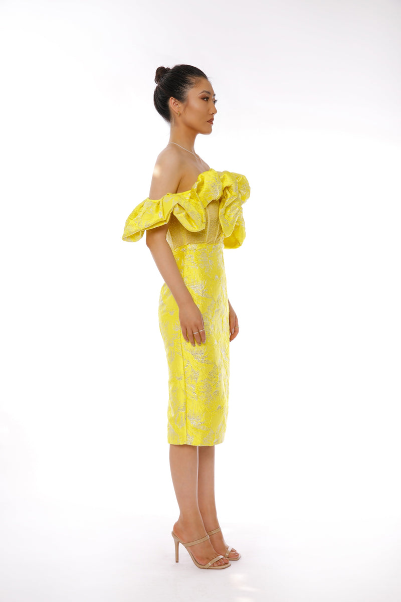 JACQUARD STRAPLESS MIDI DRESS IN YELLOW Dresses styleofcb 