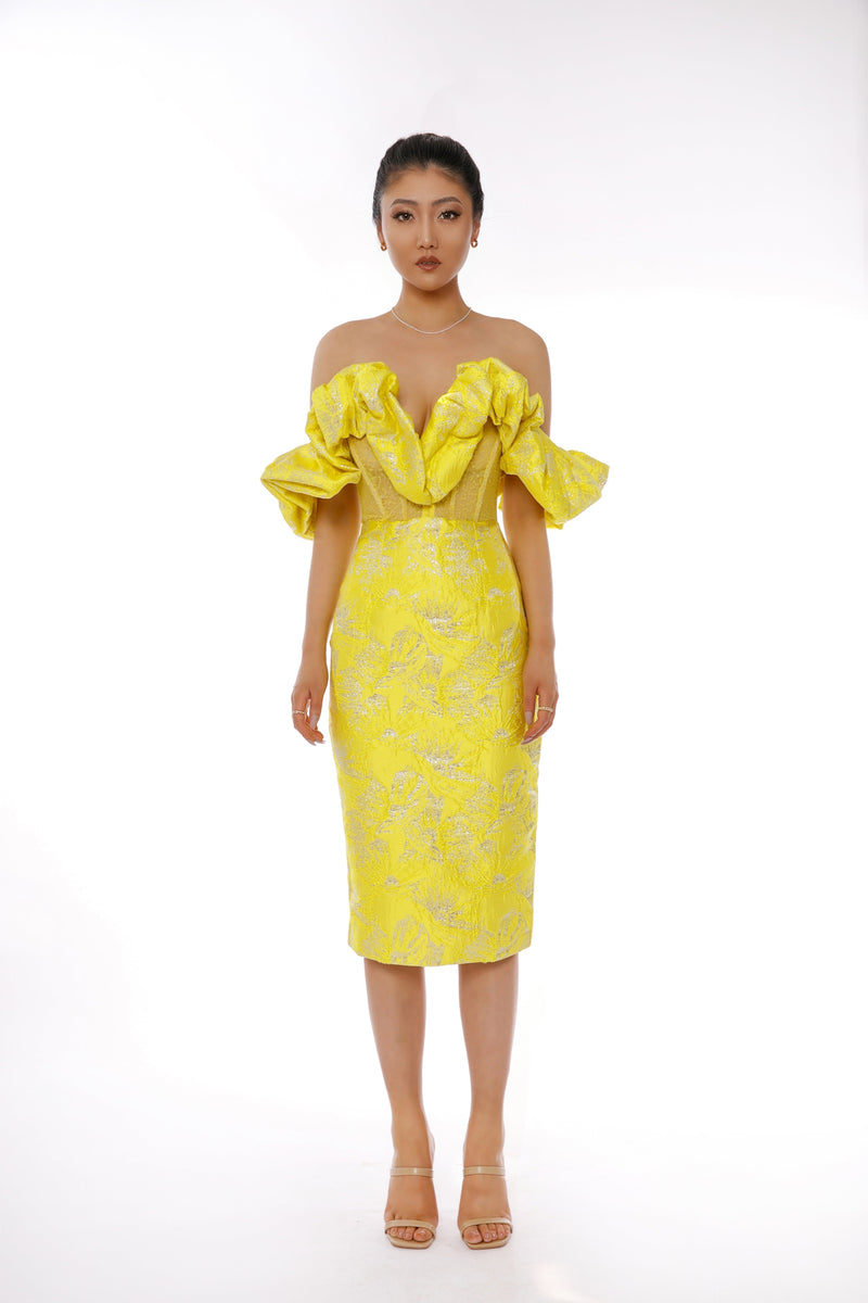 JACQUARD STRAPLESS MIDI DRESS IN YELLOW Dresses styleofcb 