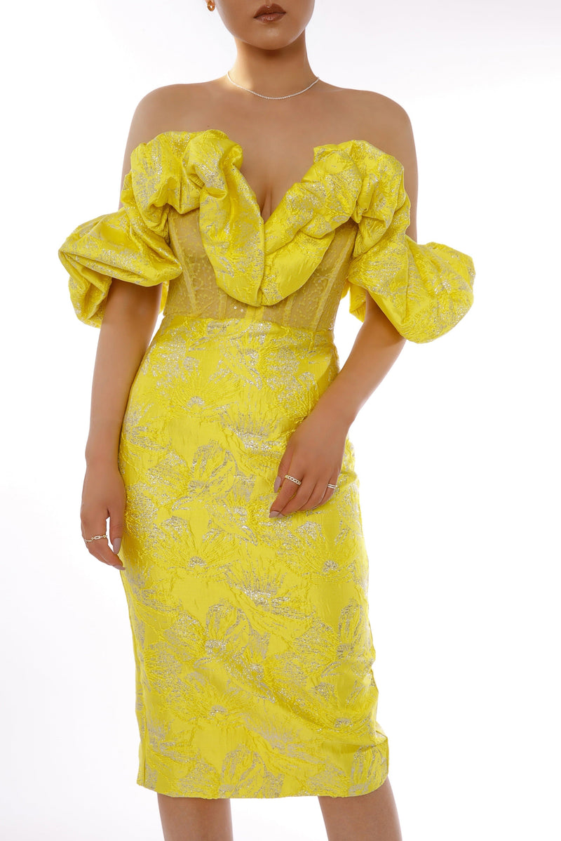 JACQUARD STRAPLESS MIDI DRESS IN YELLOW Dresses styleofcb 