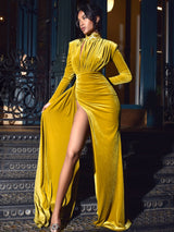 Zenaida Gold Cutout High Slit Velvet Gown Dresses Oh CiCi 