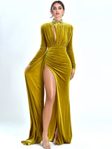 Zenaida Gold Cutout High Slit Velvet Gown Dresses Oh CiCi 