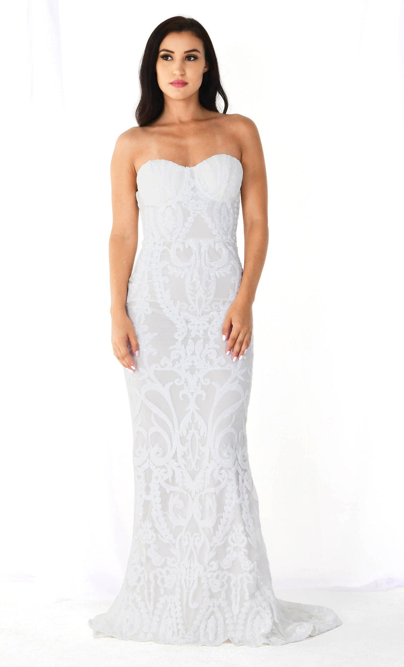 White Sequin Lace Strapless Maxi Dress New Arrivals styleofcb 