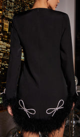 LONG SLEEVE BOW CRYSTAL FEATHER DRESS