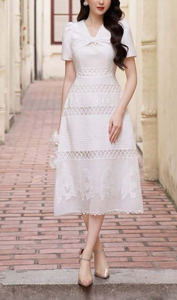LACE EMBROIDERY MIDI DRESS IN WHITE DRESS STYLE OF CB 