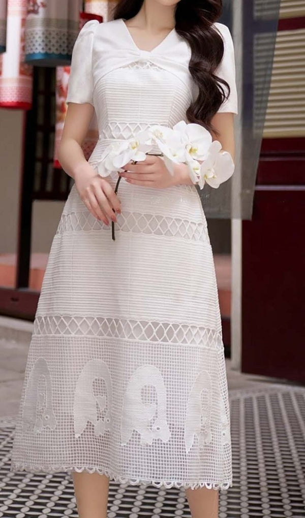LACE EMBROIDERY MIDI DRESS IN WHITE DRESS STYLE OF CB 