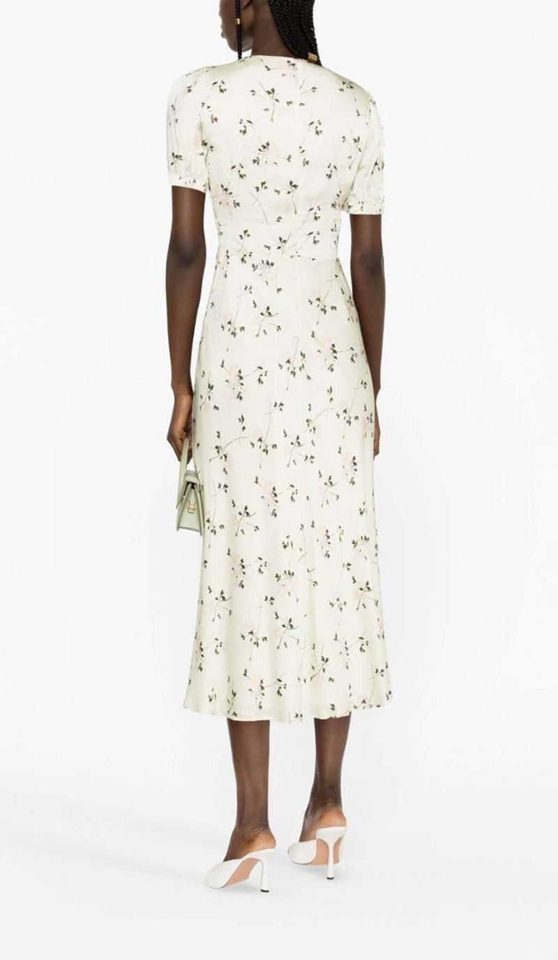 LACE TRIM FLORAL-PRINT MIDI DRESS IN LIGHT GRAYISH DRESS STYLE OF CB 
