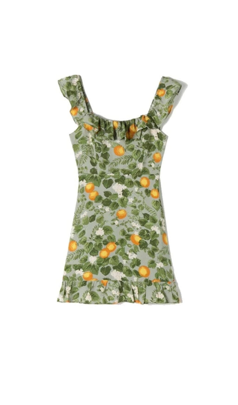 LEAF FRUIT PRINT RUFFLE MINI DRESS IN GREEN DRESS STYLE OF CB 