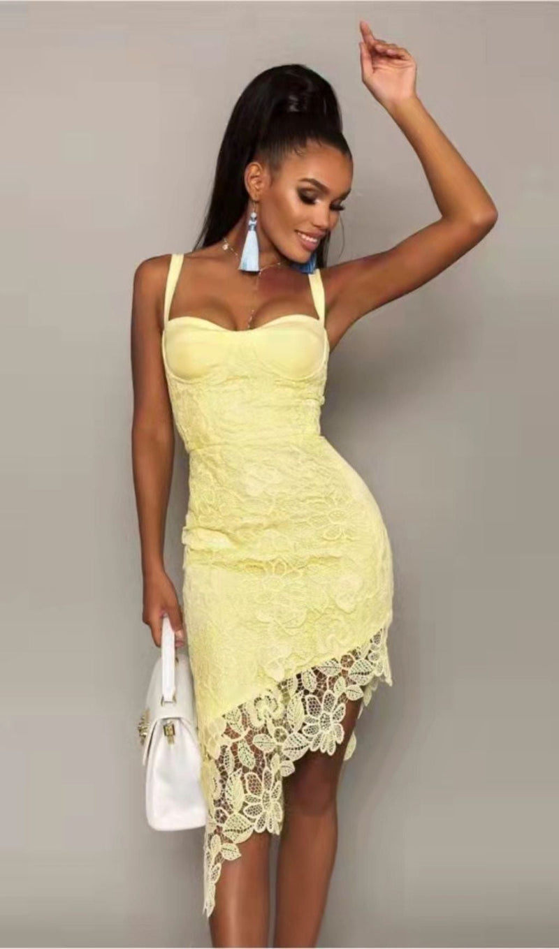 LEMON YELLOW LACE SHEATH DRESS junaembiwcl 
