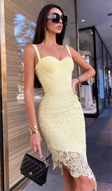 LEMON YELLOW LACE SHEATH DRESS junaembiwcl 